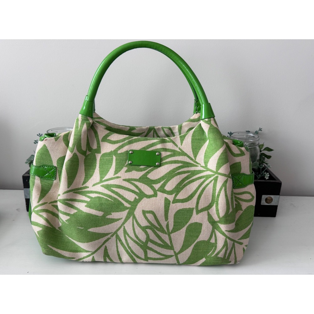 Kate Spade Green Tropical Leaf Print Canvas Tote Bag Patent Leather Trim